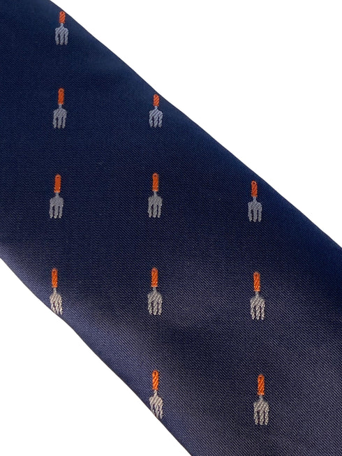 navy mens tie with gardening fork trowel quirky design